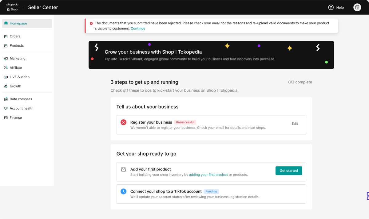 Before revamp — post-registration homepage showing an unclear rejection state with no in-app guidance on what to fix