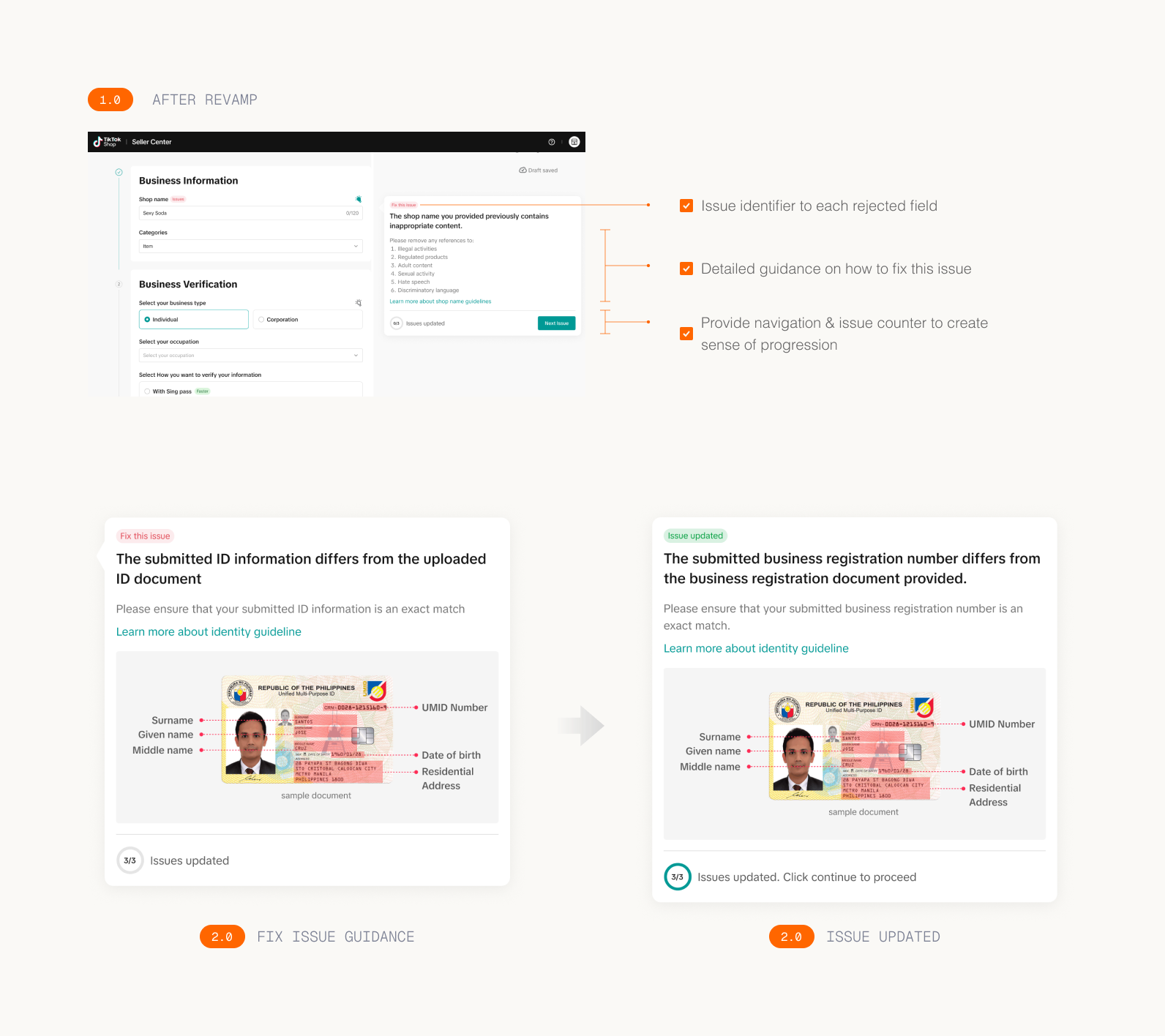 Post-registration after revamp: per-field issue identifiers with fix guidance and an issue counter for navigation, plus the fix-issue and issue-updated states
