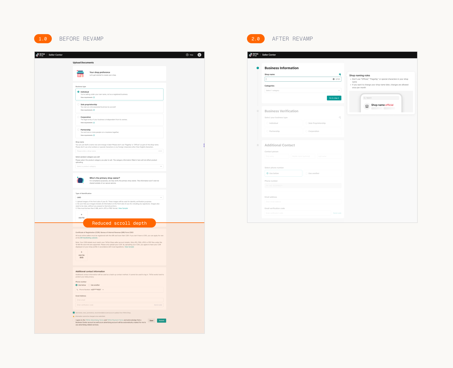 Registration form before vs after the revamp — the redesign reduces scroll depth