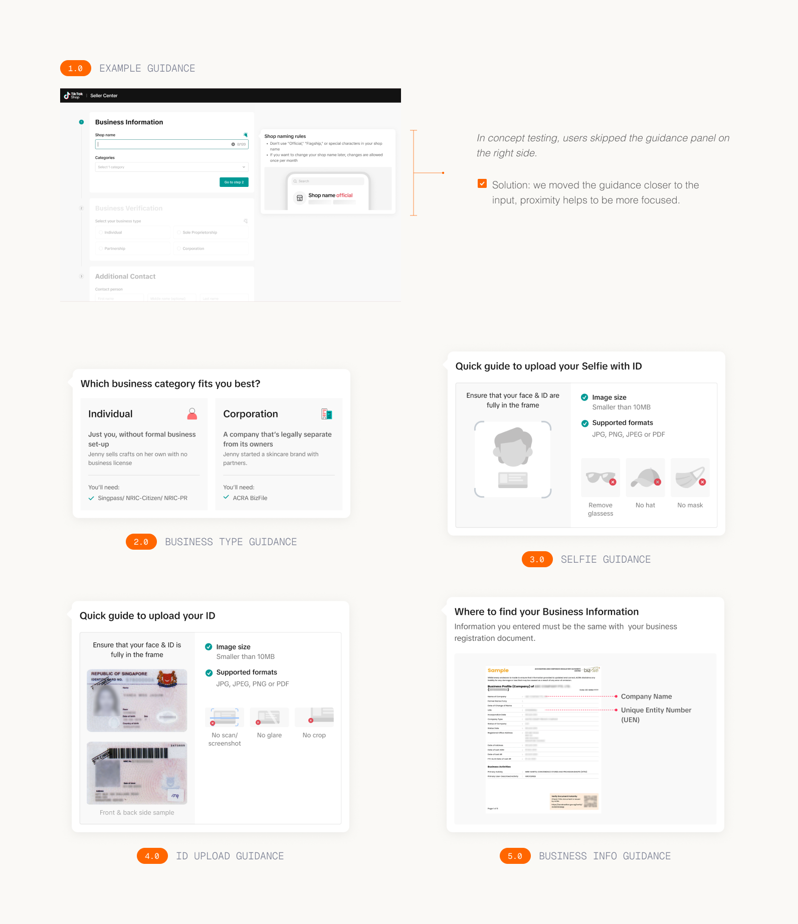 Document-upload guidance designs: example guidance, business type, selfie, ID upload, and business info guidance