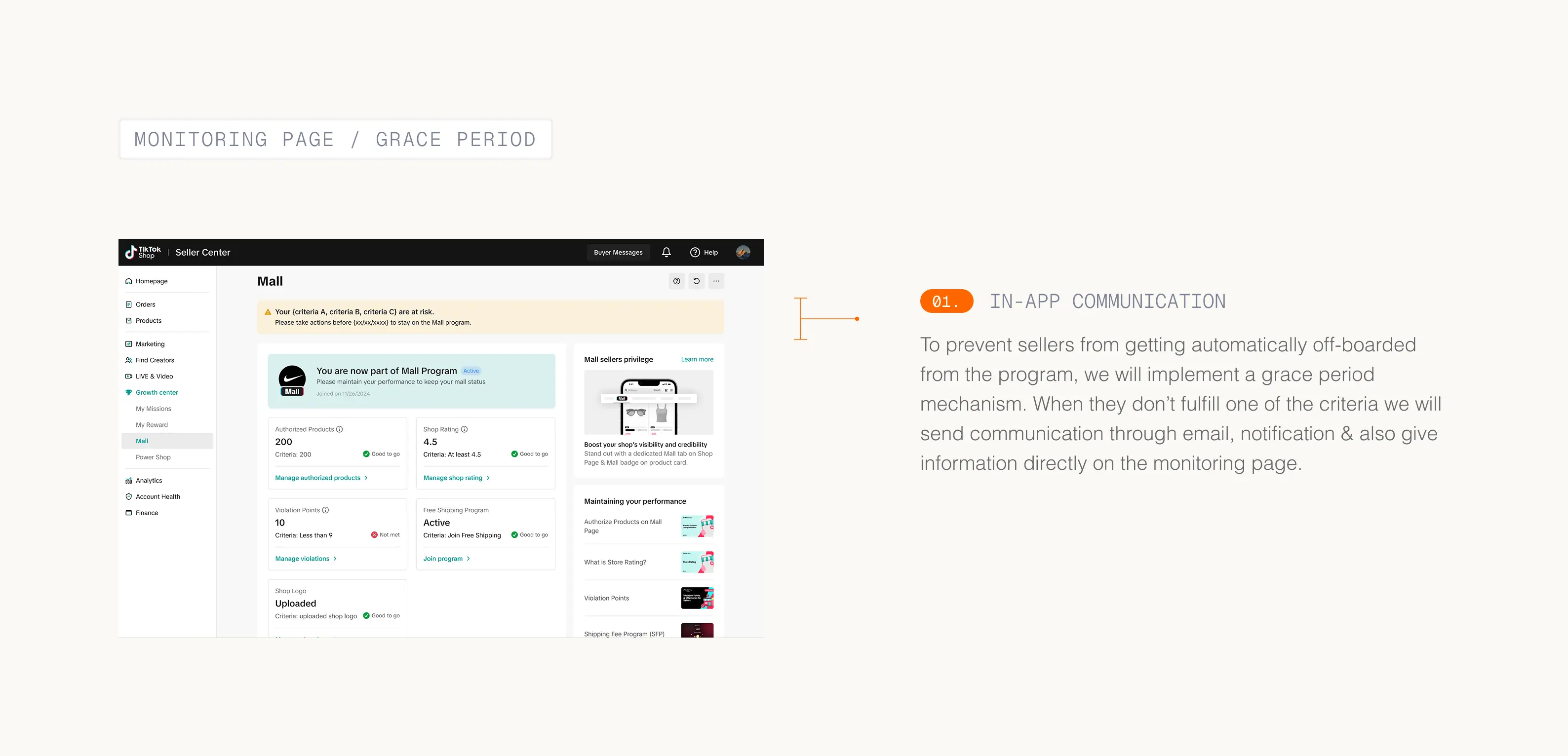 Monitoring page — grace period and in-app communication for at-risk sellers